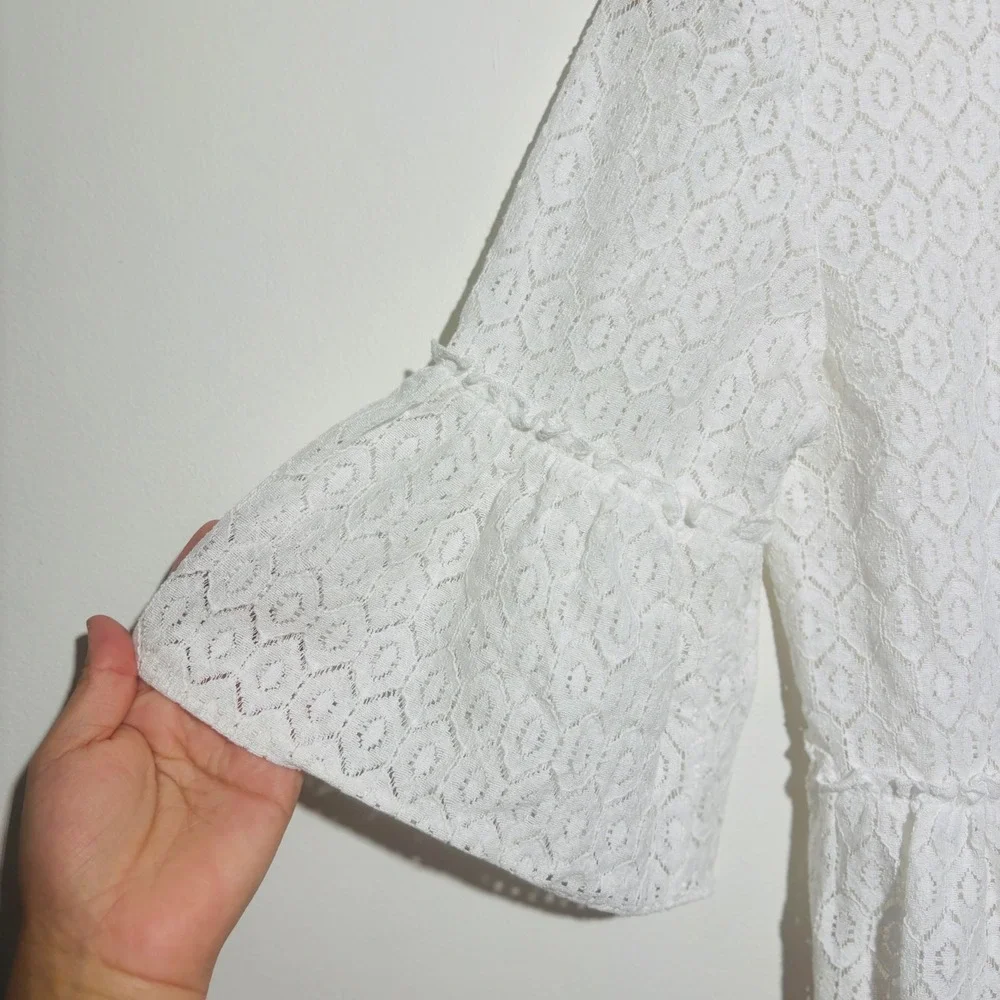 Lilly Pulitzer White Diamond Geo Lace Inez Eyelet Peplum Boho Blouse Top Sz XXS
